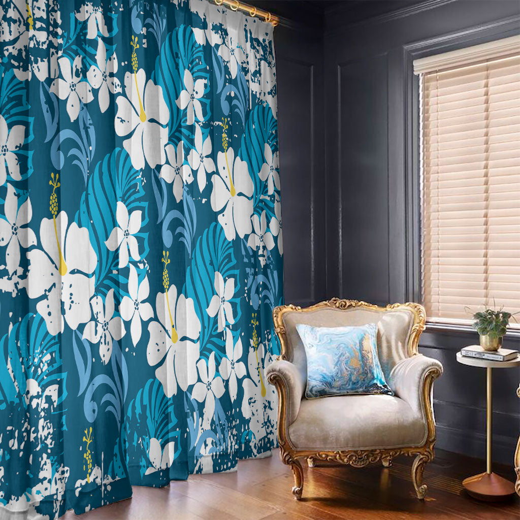 Blue Hawaiian Hibiscus Monstera Window Curtain Grunge Stylized LT01 - Polynesian Pride