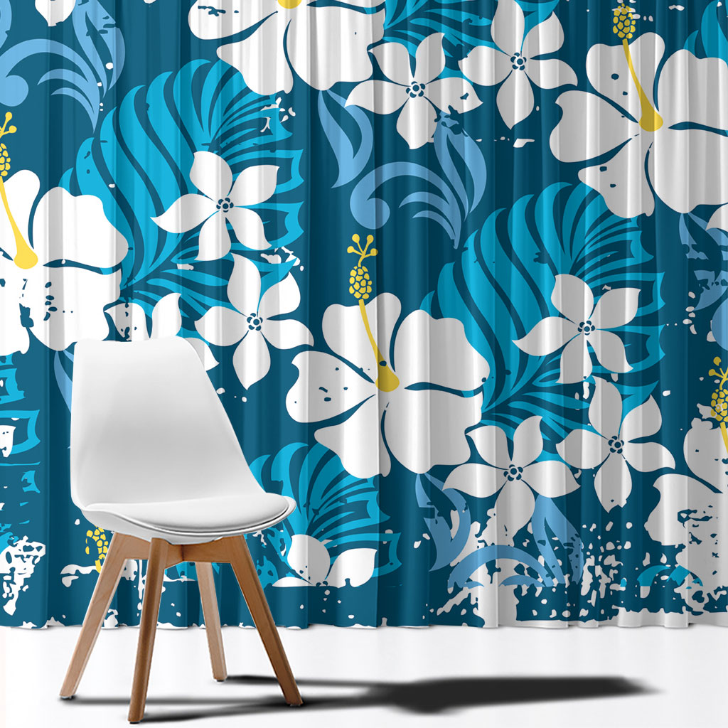 Blue Hawaiian Hibiscus Monstera Window Curtain Grunge Stylized LT01 - Polynesian Pride
