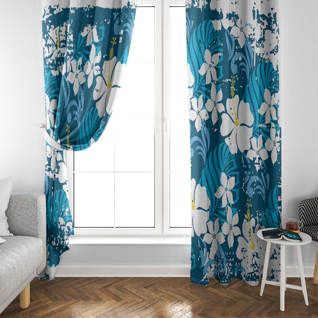 Blue Hawaiian Hibiscus Monstera Window Curtain Grunge Stylized LT01 - Polynesian Pride