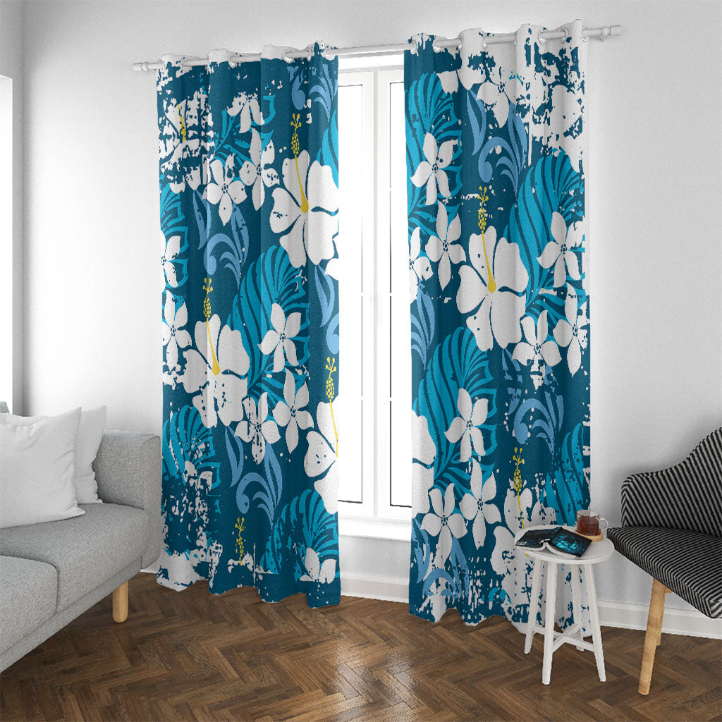 Blue Hawaiian Hibiscus Monstera Window Curtain Grunge Stylized LT01 With Grommets Blue - Polynesian Pride