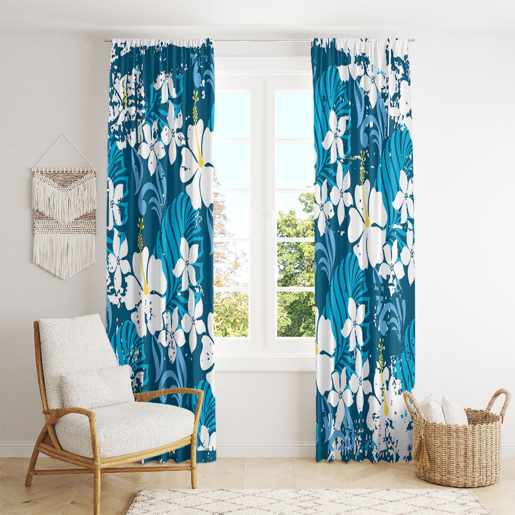 Blue Hawaiian Hibiscus Monstera Window Curtain Grunge Stylized LT01 - Polynesian Pride