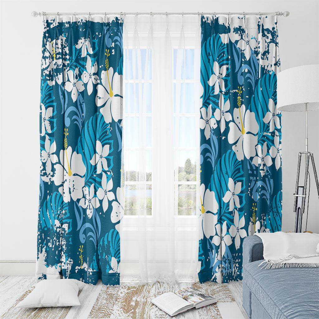 Blue Hawaiian Hibiscus Monstera Window Curtain Grunge Stylized LT01 - Polynesian Pride