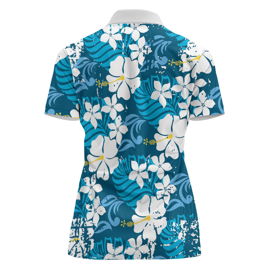 Blue Hawaiian Hibiscus Monstera Women Polo Shirt Grunge Stylized LT01 - Polynesian Pride