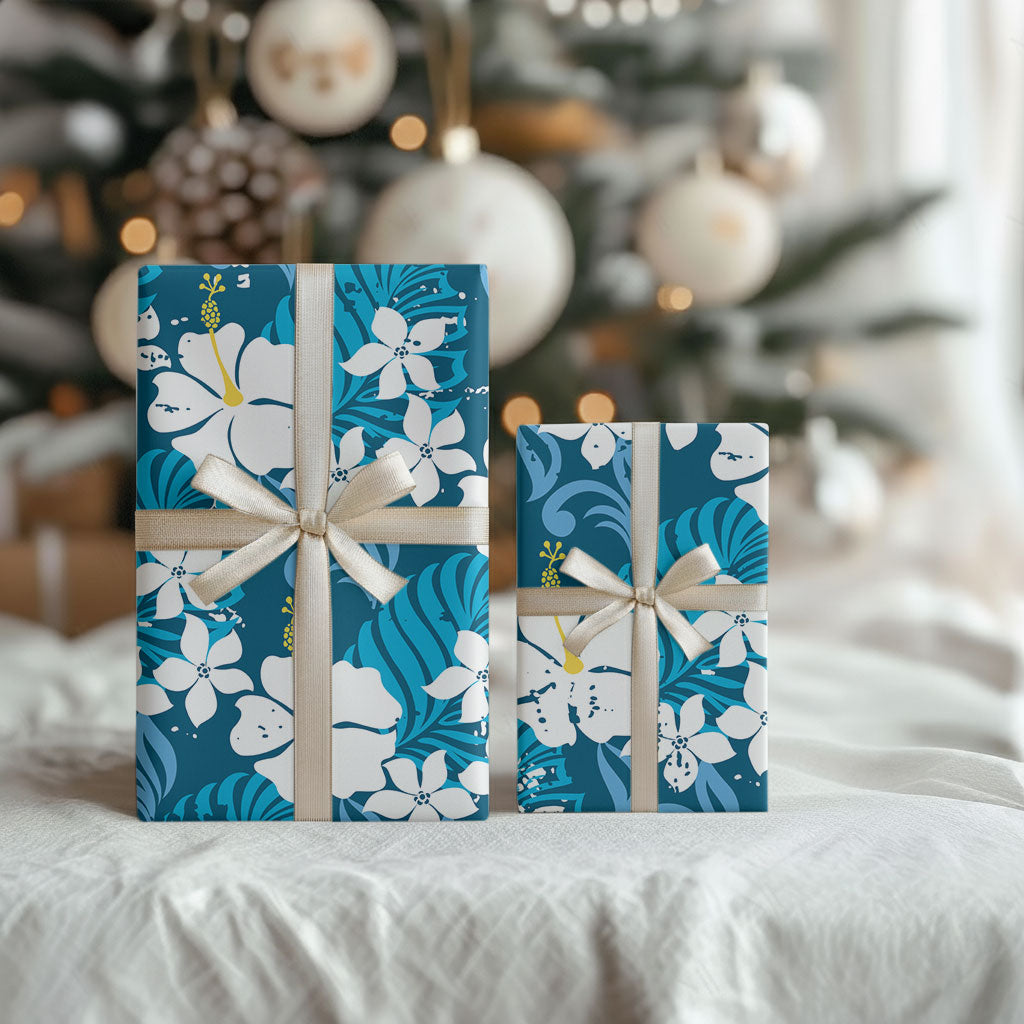 Blue Hawaiian Hibiscus Monstera Wrapping Paper Grunge Stylized LT01 - Polynesian Pride