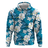 Blue Hawaiian Hibiscus Monstera Zip Hoodie Grunge Stylized LT01 Pullover Hoodie Blue - Polynesian Pride