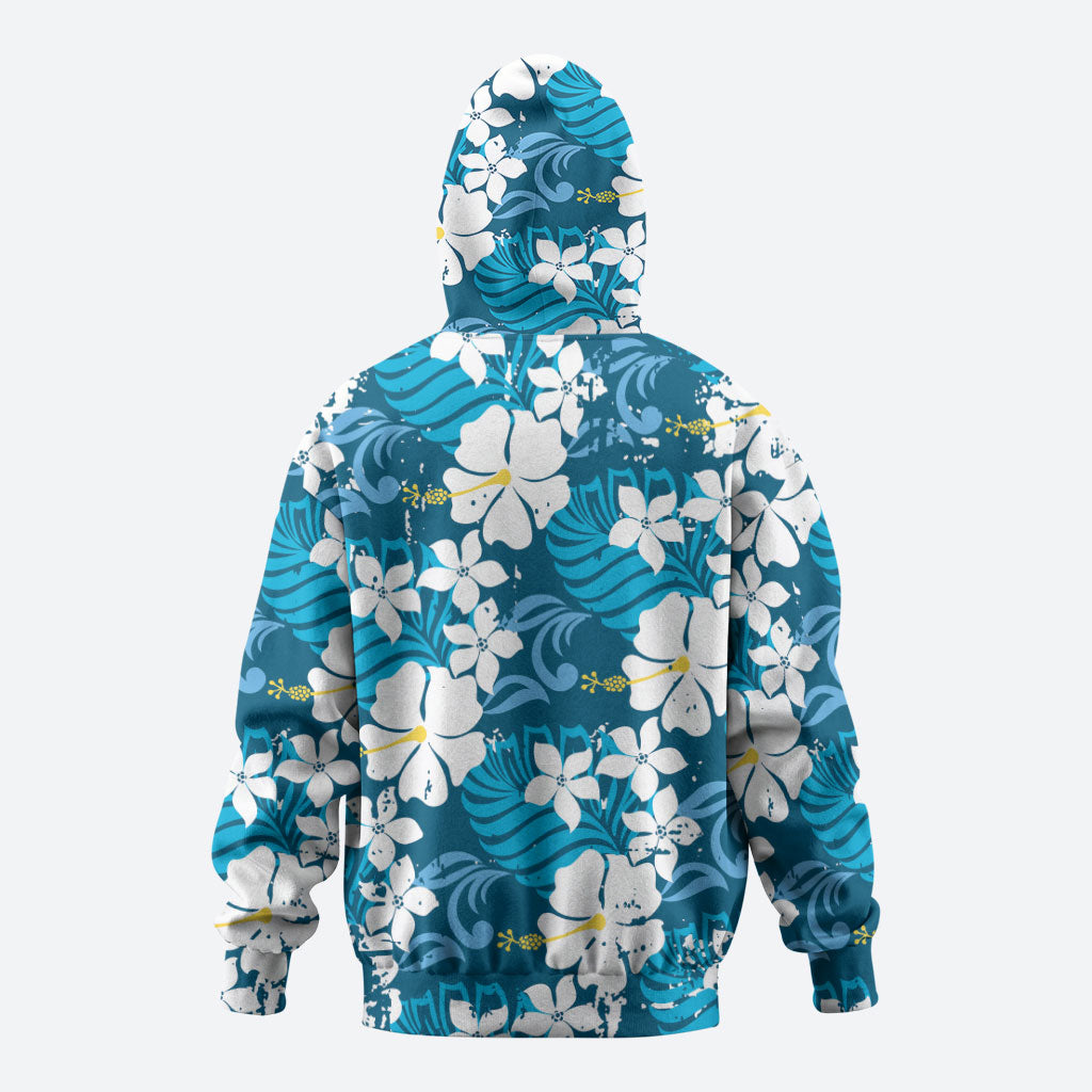 Blue Hawaiian Hibiscus Monstera Zip Hoodie Grunge Stylized LT01 - Polynesian Pride