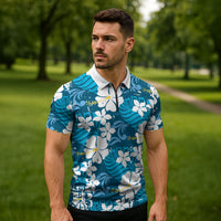 Blue Hawaiian Hibiscus Monstera Zipper Polo Shirt Grunge Stylized LT01 - Polynesian Pride