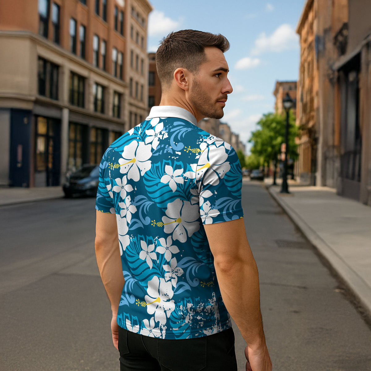 Blue Hawaiian Hibiscus Monstera Zipper Polo Shirt Grunge Stylized LT01 - Polynesian Pride