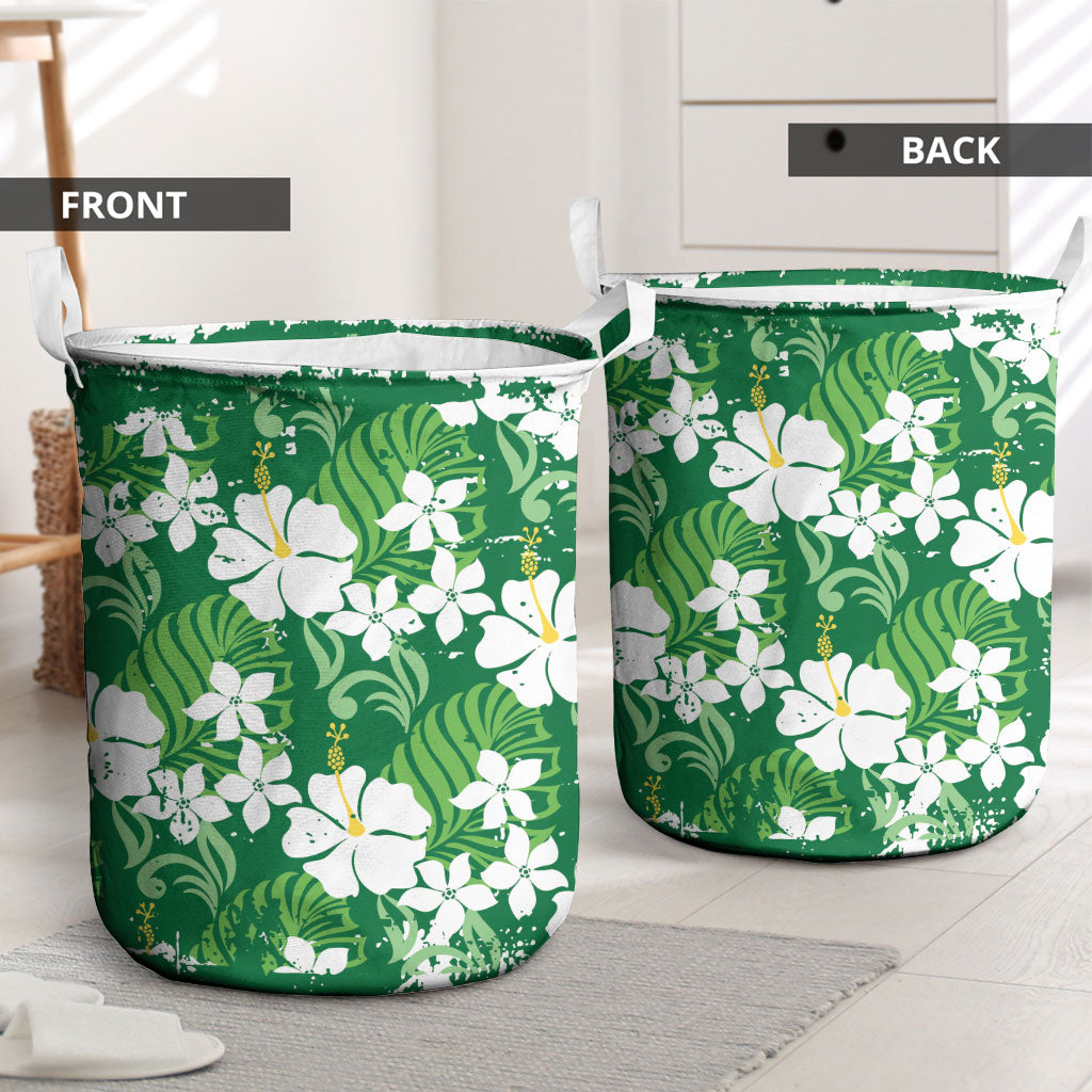Green Hawaiian Hibiscus Monstera Laundry Basket Grunge Stylized LT01 - Polynesian Pride
