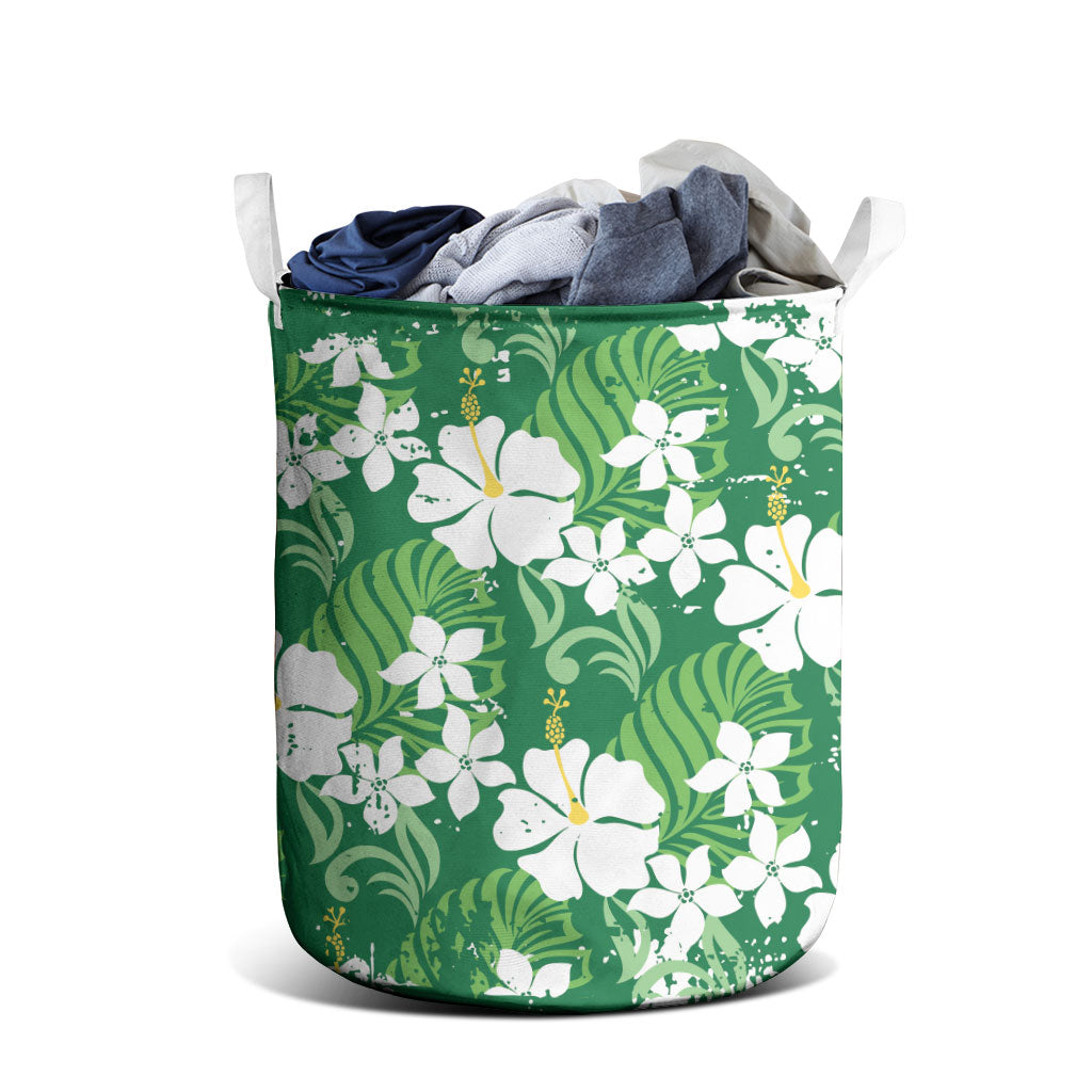 Green Hawaiian Hibiscus Monstera Laundry Basket Grunge Stylized LT01 - Polynesian Pride