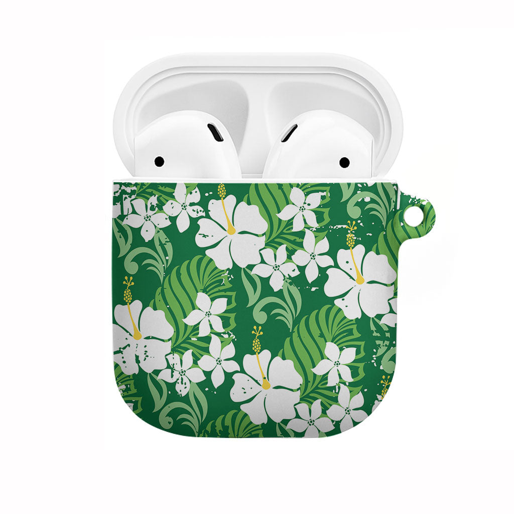 Green Hawaiian Hibiscus Monstera AirPods Case Grunge Stylized LT01 Green - Polynesian Pride