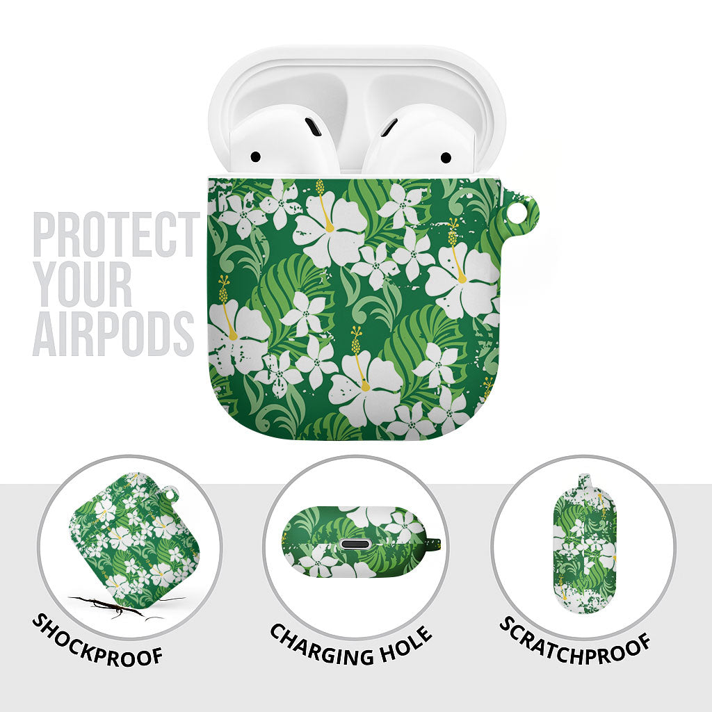 Green Hawaiian Hibiscus Monstera AirPods Case Grunge Stylized LT01 - Polynesian Pride