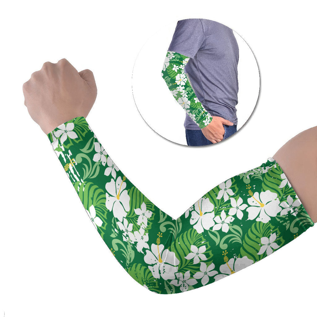 Green Hawaiian Hibiscus Monstera Arm Sleeves Grunge Stylized LT01 Set of 2 Green - Polynesian Pride