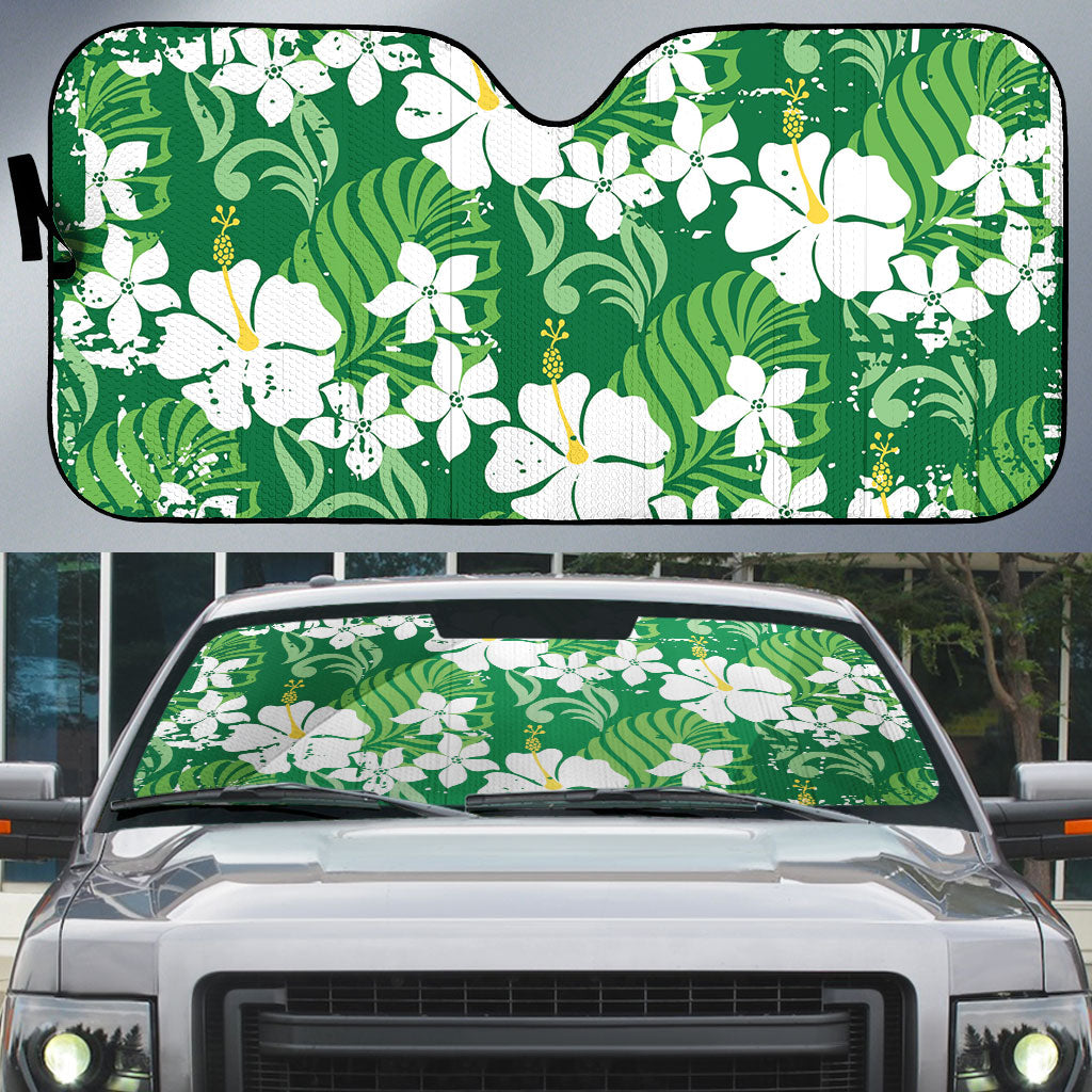 Green Hawaiian Hibiscus Monstera Auto Sun Shade Grunge Stylized LT01 Green - Polynesian Pride