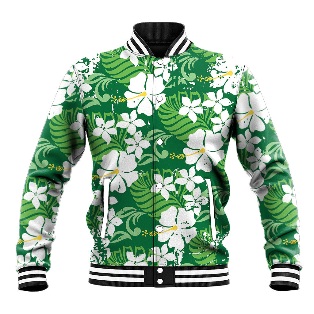 Green Hawaiian Hibiscus Monstera Baseball Jacket Grunge Stylized LT01 Unisex Green - Polynesian Pride