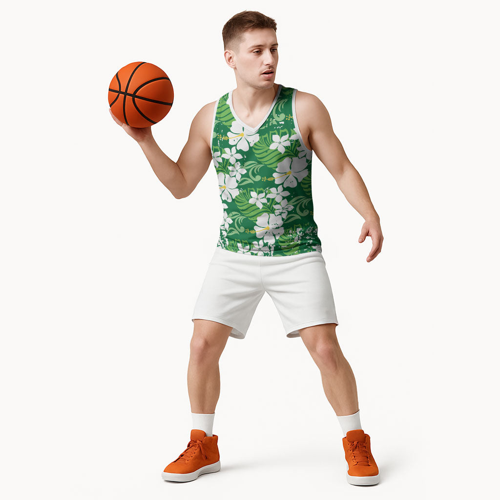 Green Hawaiian Hibiscus Monstera Basketball Jersey Grunge Stylized LT01 - Polynesian Pride
