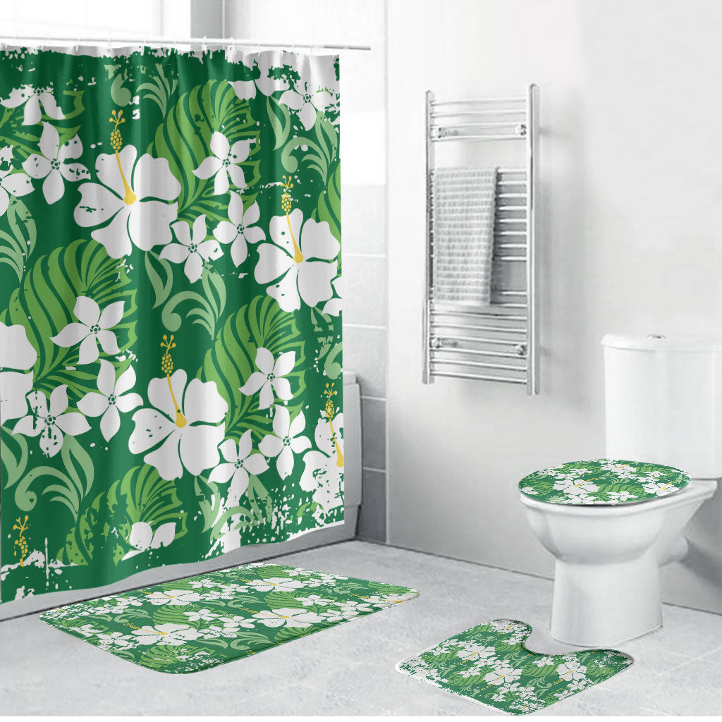 Green Hawaiian Hibiscus Monstera Bathroom Set Grunge Stylized LT01 Bathroom Set (4 pcs) Green - Polynesian Pride