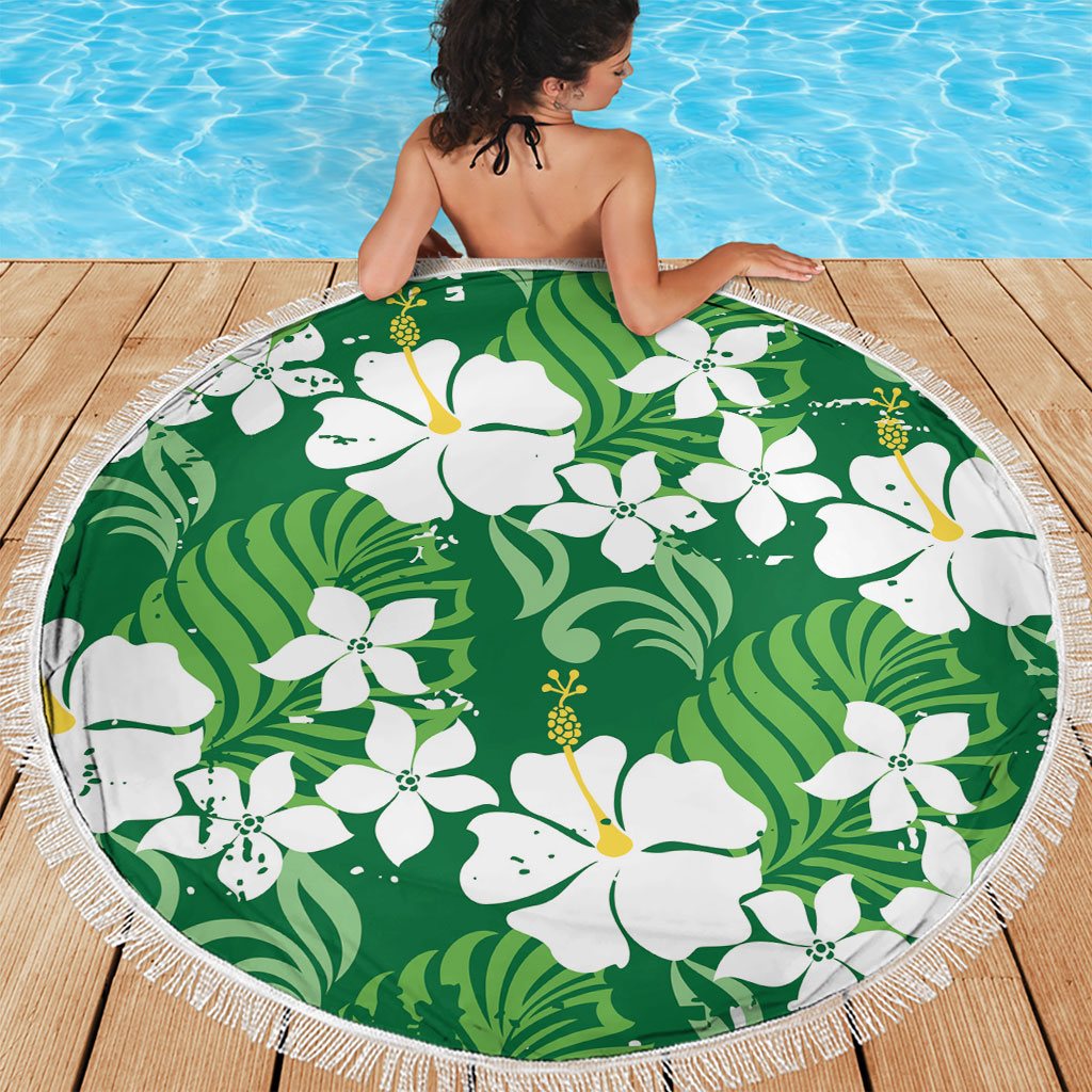 Green Hawaiian Hibiscus Monstera Beach Blanket Grunge Stylized