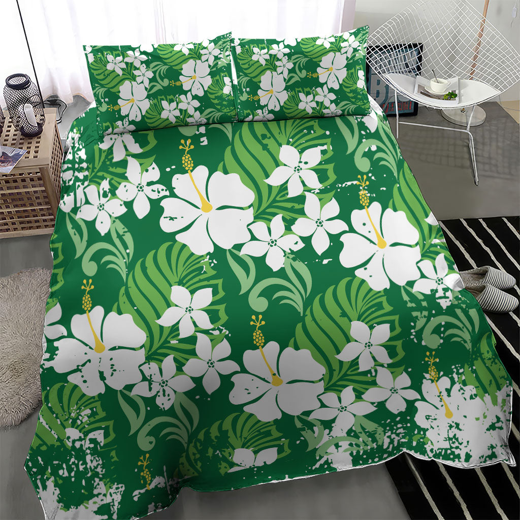 Green Hawaiian Hibiscus Monstera Bedding Set Grunge Stylized LT01 - Polynesian Pride