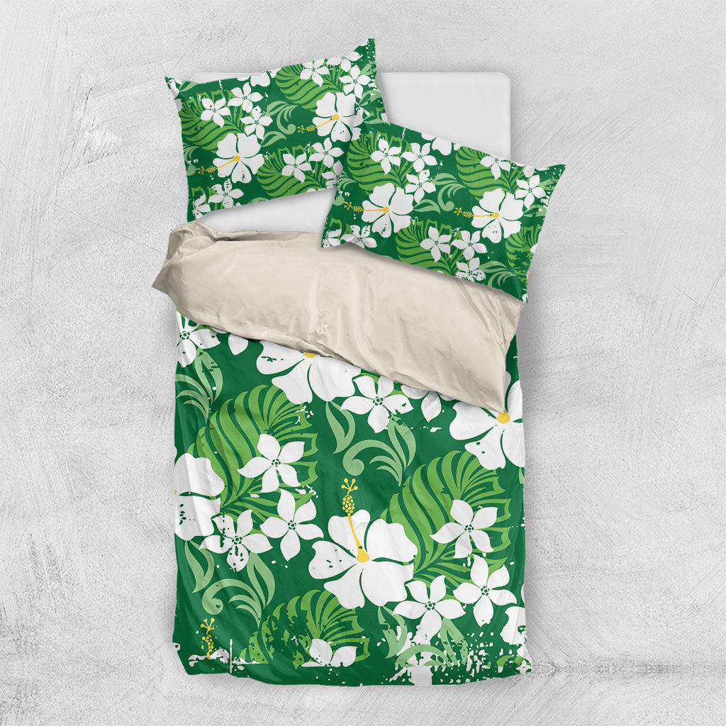 Green Hawaiian Hibiscus Monstera Bedding Set Grunge Stylized LT01 US Twin 172cm x 218cm Green - Polynesian Pride