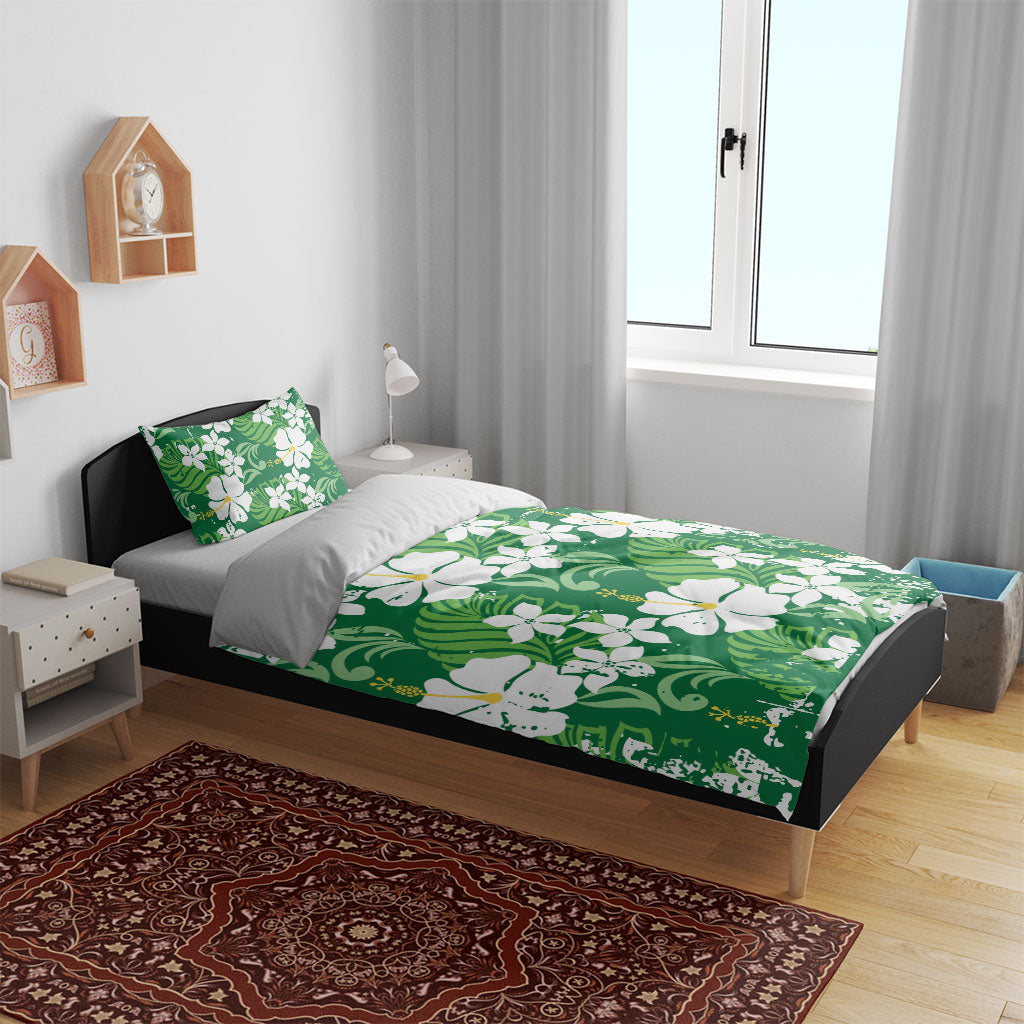 Green Hawaiian Hibiscus Monstera Bedding Set Grunge Stylized LT01 - Polynesian Pride