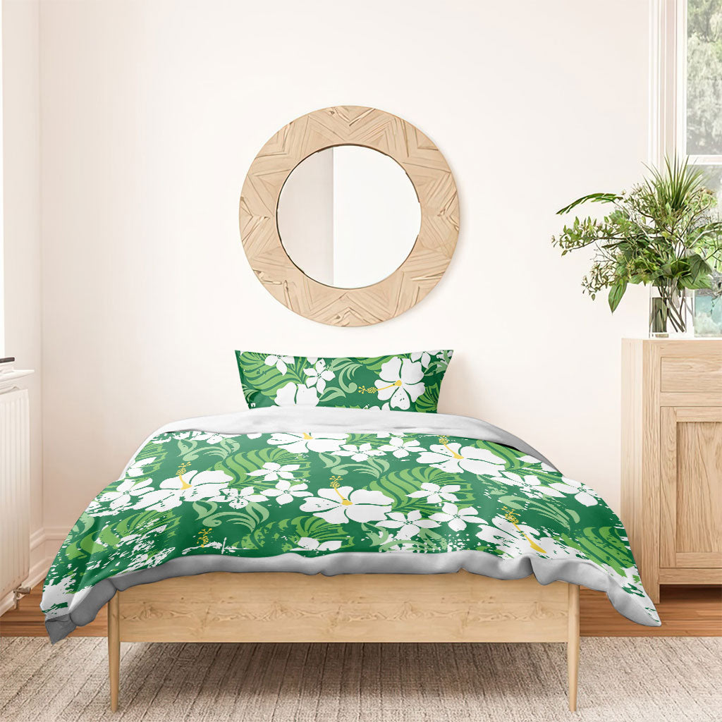 Green Hawaiian Hibiscus Monstera Bedding Set Grunge Stylized LT01 - Polynesian Pride