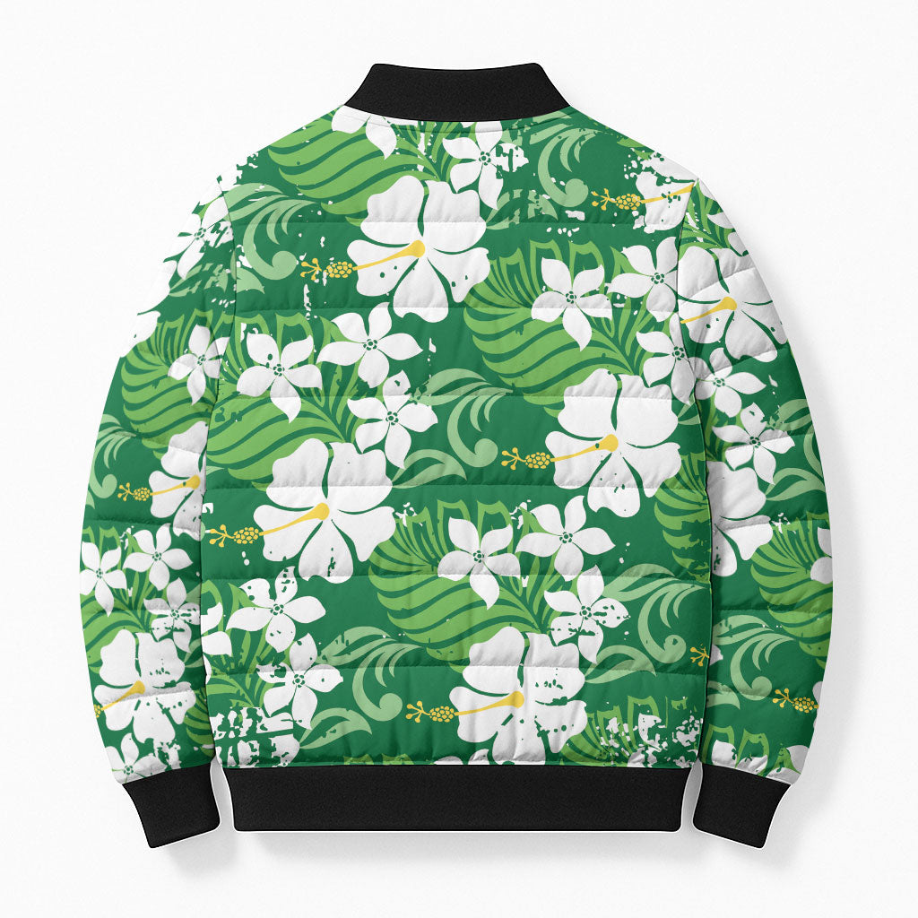 Green Hawaiian Hibiscus Monstera Bomber Puffer Jacket Grunge Stylized LT01 - Polynesian Pride