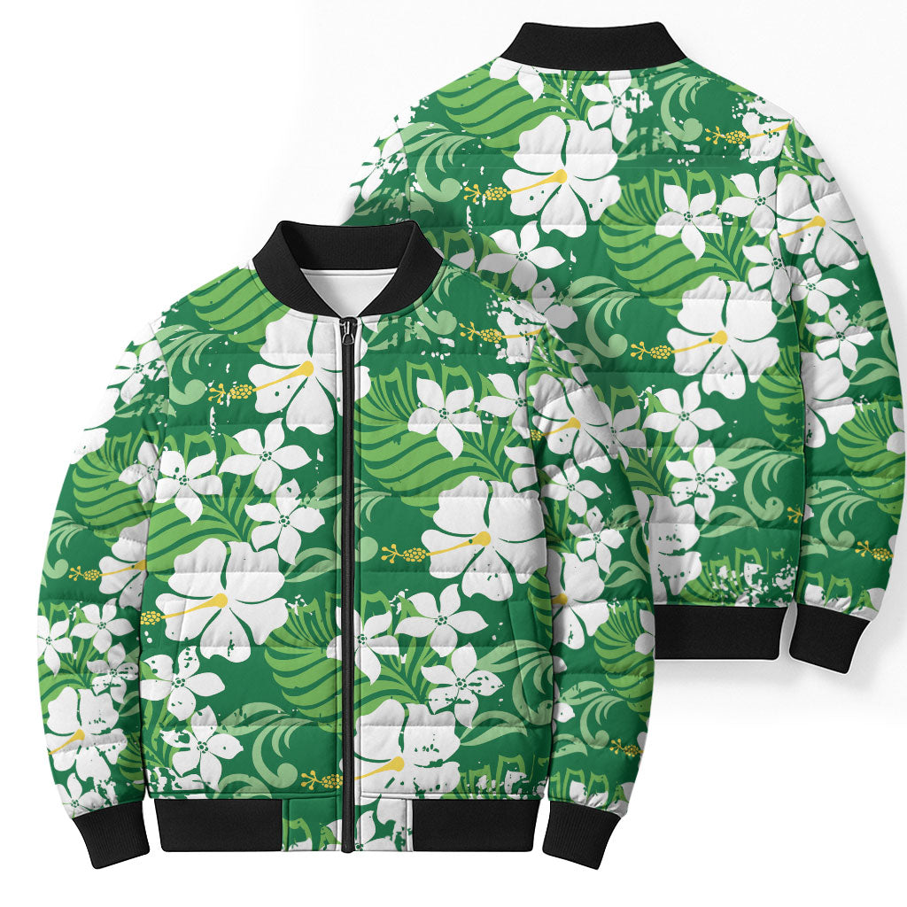 Green Hawaiian Hibiscus Monstera Bomber Puffer Jacket Grunge Stylized LT01 - Polynesian Pride