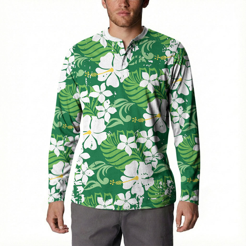 Green Hawaiian Hibiscus Monstera Button Sweatshirt Grunge Stylized LT01 - Polynesian Pride