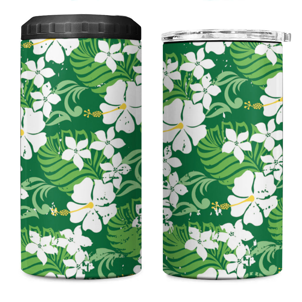 Green Hawaiian Hibiscus Monstera 4 in 1 Can Cooler Tumbler Grunge Stylized LT01 One Size: 16 oz Green - Polynesian Pride