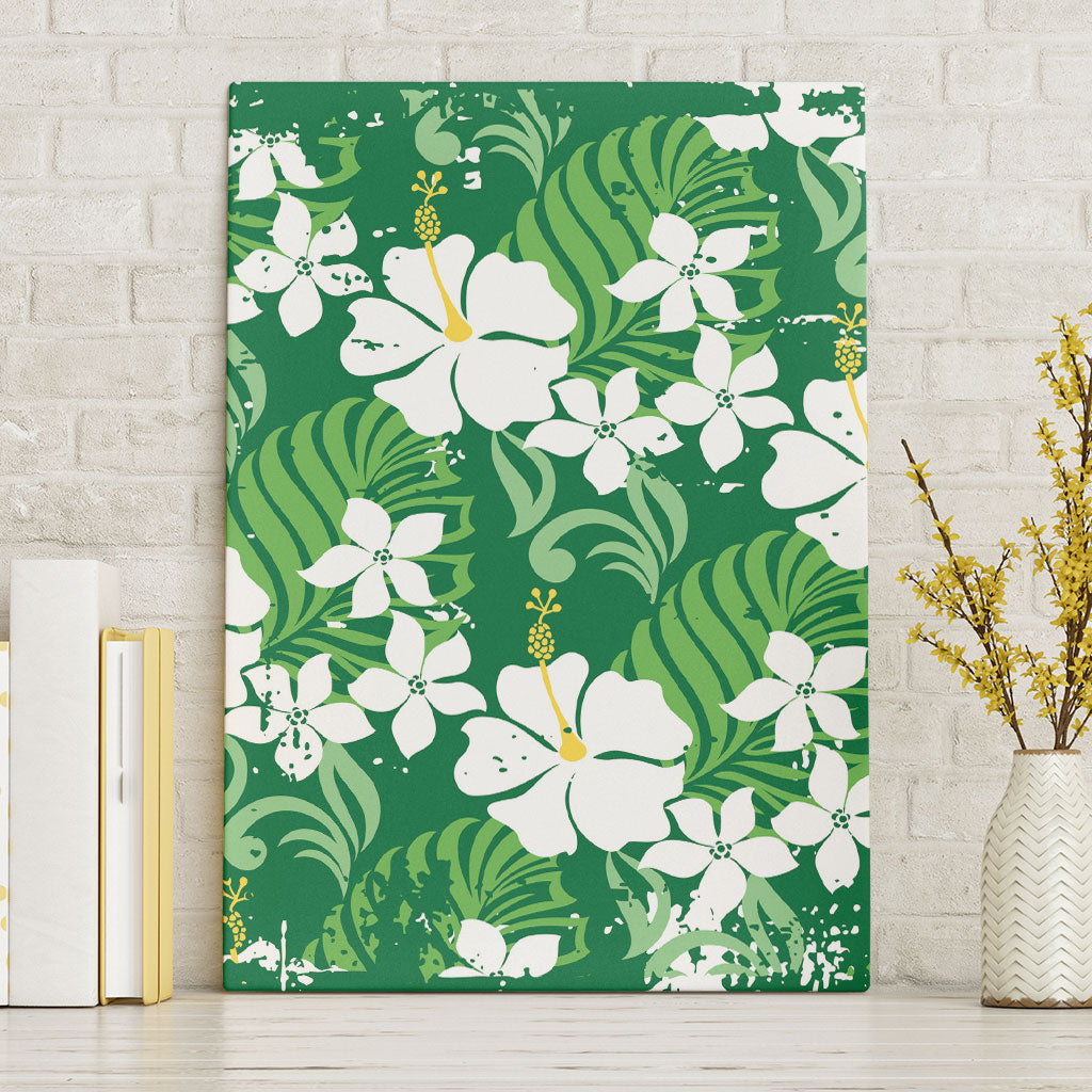 Green Hawaiian Hibiscus Monstera Canvas Wall Art Grunge Stylized LT01 Without Frame Green - Polynesian Pride