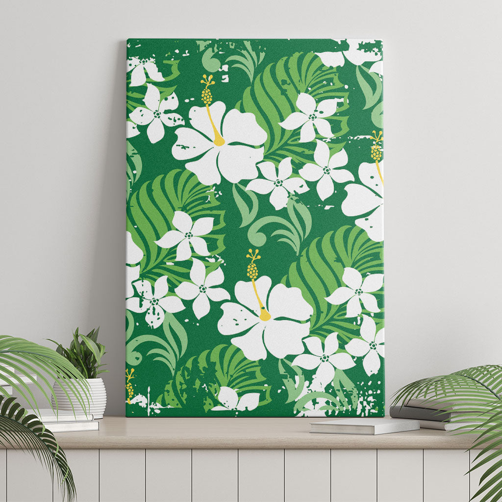 Green Hawaiian Hibiscus Monstera Canvas Wall Art Grunge Stylized LT01 - Polynesian Pride
