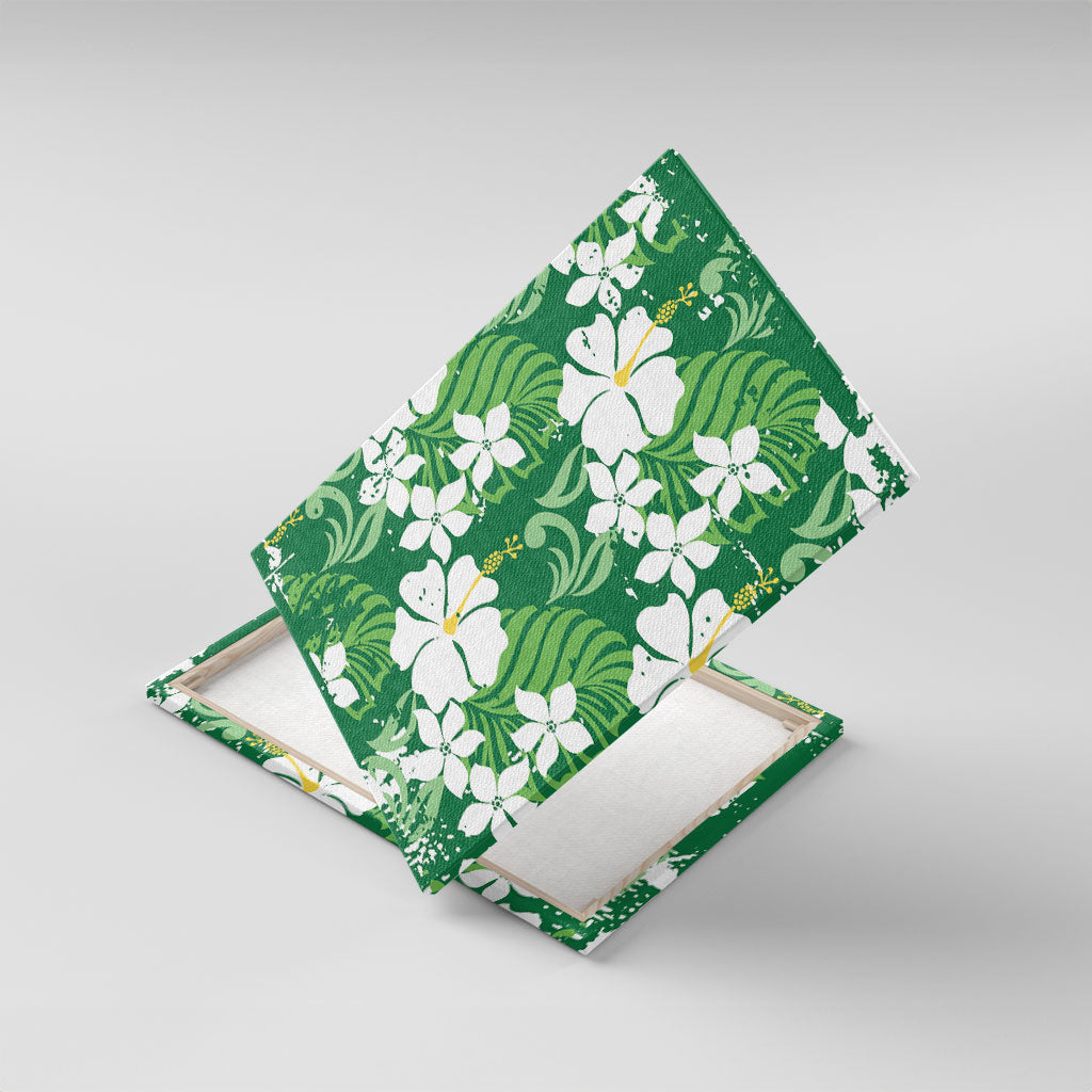 Green Hawaiian Hibiscus Monstera Canvas Wall Art Grunge Stylized LT01 With Frame Green - Polynesian Pride