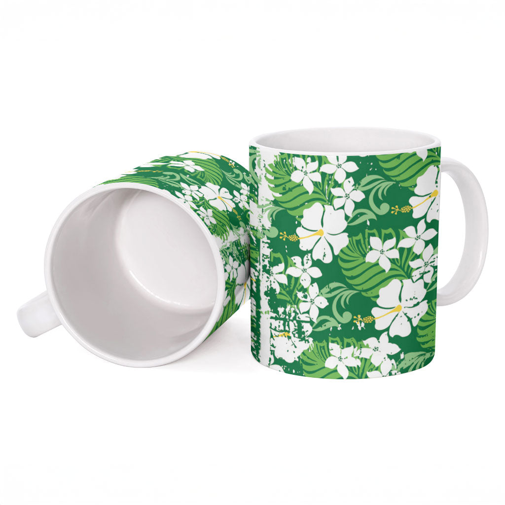 Green Hawaiian Hibiscus Monstera Ceramic Mug Grunge Stylized LT01 - Polynesian Pride