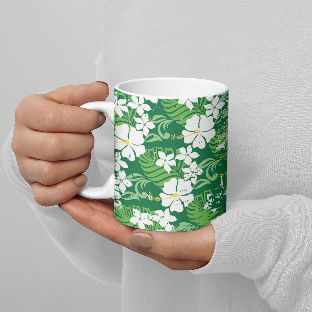 Green Hawaiian Hibiscus Monstera Ceramic Mug Grunge Stylized LT01 - Polynesian Pride