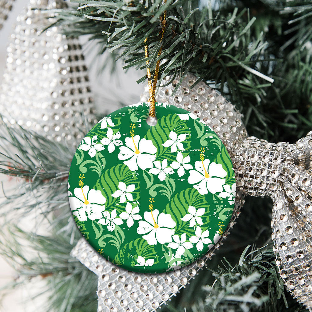 Green Hawaiian Hibiscus Monstera Ceramic Ornament Grunge Stylized