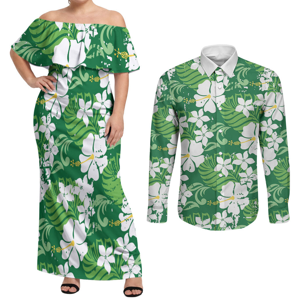 Green Hawaiian Hibiscus Monstera Couples Matching Off Shoulder Maxi Dress and Long Sleeve Button Shirt Grunge Stylized LT01 Green - Polynesian Pride
