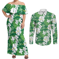 Green Hawaiian Hibiscus Monstera Couples Matching Off Shoulder Maxi Dress and Long Sleeve Button Shirt Grunge Stylized LT01 Green - Polynesian Pride