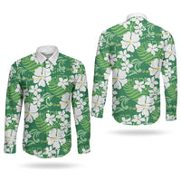 Green Hawaiian Hibiscus Monstera Couples Matching Off Shoulder Maxi Dress and Long Sleeve Button Shirt Grunge Stylized LT01 - Polynesian Pride