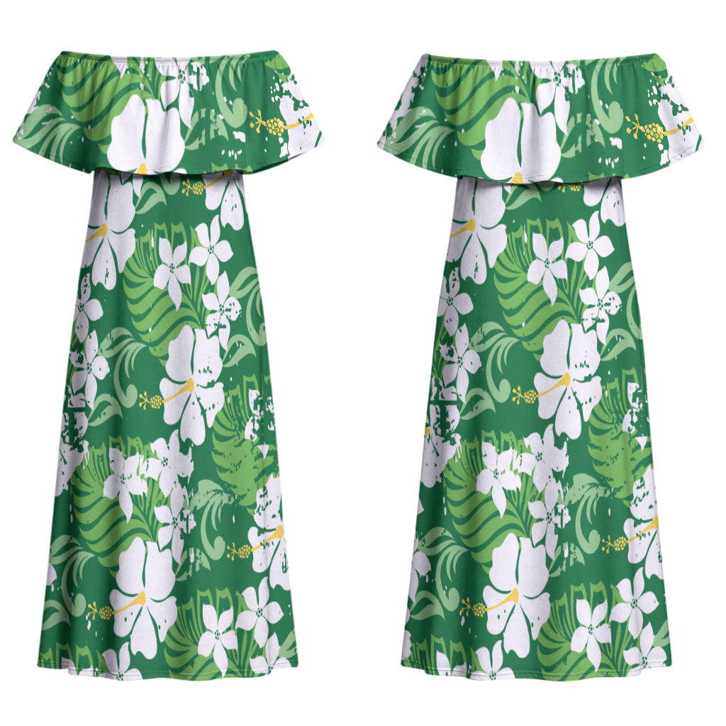 Green Hawaiian Hibiscus Monstera Couples Matching Off Shoulder Maxi Dress and Long Sleeve Button Shirt Grunge Stylized LT01 - Polynesian Pride