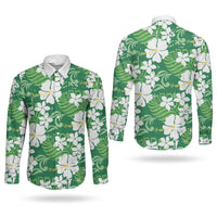 Green Hawaiian Hibiscus Monstera Couples Matching Off Shoulder Short Dress and Long Sleeve Button Shirt Grunge Stylized LT01 - Polynesian Pride