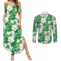 Green Hawaiian Hibiscus Monstera Couples Matching Summer Maxi Dress and Long Sleeve Button Shirt Grunge Stylized LT01 Green - Polynesian Pride