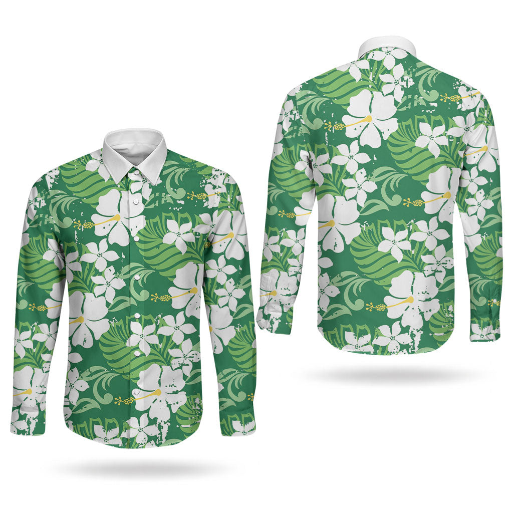 Green Hawaiian Hibiscus Monstera Couples Matching Summer Maxi Dress and Long Sleeve Button Shirt Grunge Stylized LT01 - Polynesian Pride