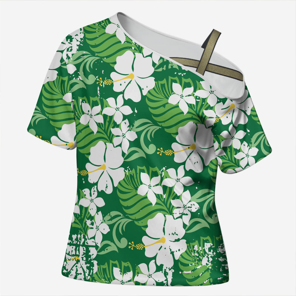 Green Hawaiian Hibiscus Monstera Cross Shoulder Shirt Grunge Stylized LT01 Female Green - Polynesian Pride