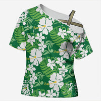 Green Hawaiian Hibiscus Monstera Cross Shoulder Shirt Grunge Stylized LT01 Female Green - Polynesian Pride