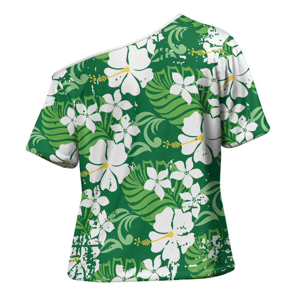 Green Hawaiian Hibiscus Monstera Cross Shoulder Shirt Grunge Stylized LT01 - Polynesian Pride