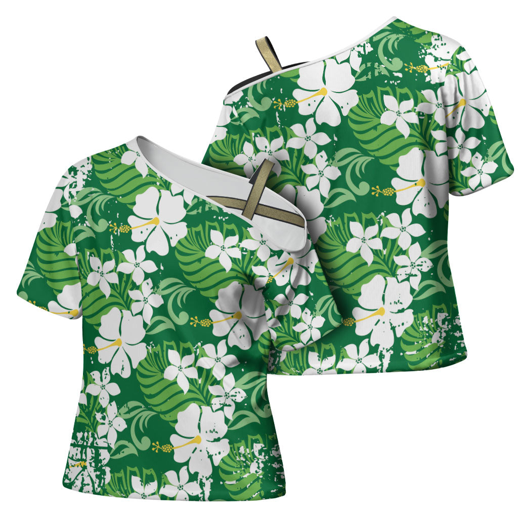 Green Hawaiian Hibiscus Monstera Cross Shoulder Shirt Grunge Stylized LT01 - Polynesian Pride