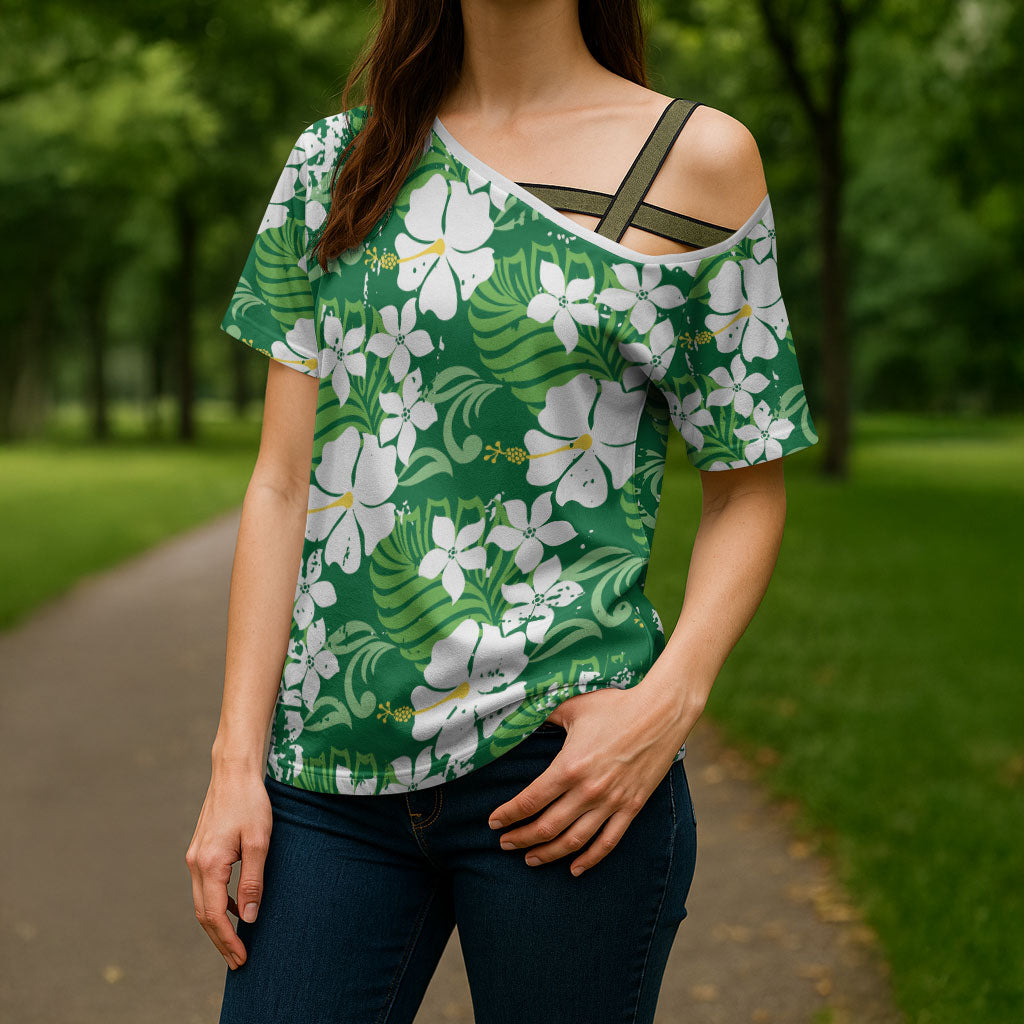 Green Hawaiian Hibiscus Monstera Cross Shoulder Shirt Grunge Stylized LT01 - Polynesian Pride