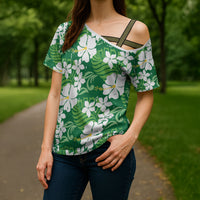 Green Hawaiian Hibiscus Monstera Cross Shoulder Shirt Grunge Stylized LT01 - Polynesian Pride
