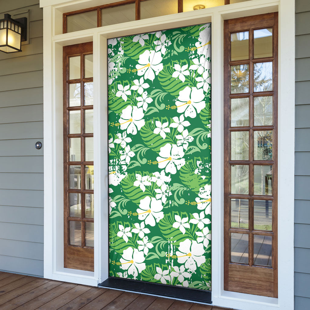 Green Hawaiian Hibiscus Monstera Door Cover Grunge Stylized